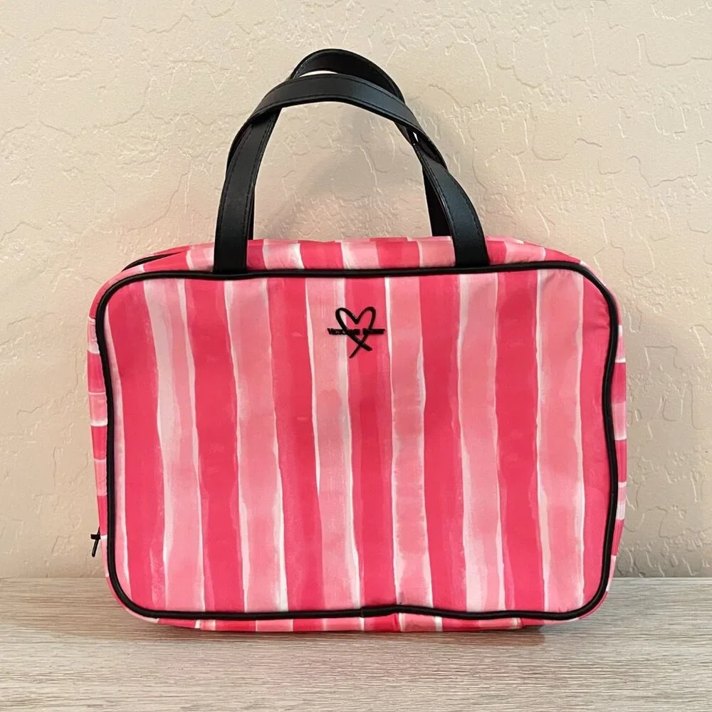Victoria's Secret Makeup Cosmetic Accessory Bag Pink Stripe 3 Section Bag Hanger